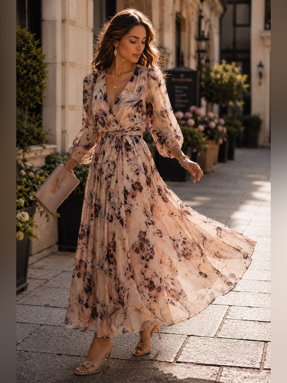 Laura Floral Blush Midi Wrap Dress with Belt Sz 12